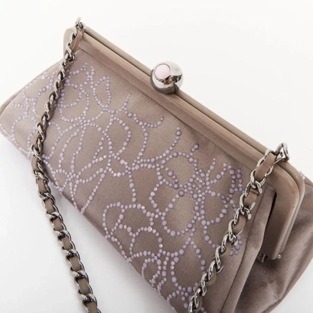 CHANEL 2000 pink pearl beaded grey satin crystal CC kiss lock frame clutch bag